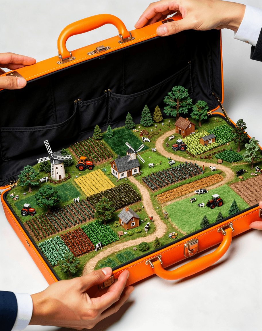 Representación creativa de un terreno en miniatura dentro de un maletín - Concepto de inversión en Terrenos.com.do